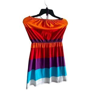 Derek Art rainbow color block striped dress strapless size medium stretch